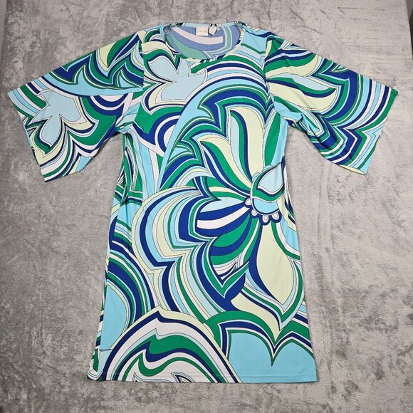 Chicos Dress Womens Large Blue Green Geometric Floral Stretch Mod Hippie Boho - Picture 2 of 13